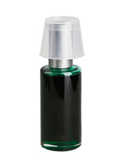 Transparent glass a bottle with a measuring cup isolated on a white background with a clipping path. Mouthwash, mouth rinse, dental care product personal oral hygiene.