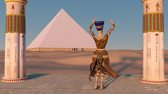Queen Nefertiti dancing in front of the great pyramid of Giza and a view of the desert in the ancient temple. Historical animation. The Great Pyramids In Giza Valley, Cairo, Egypt