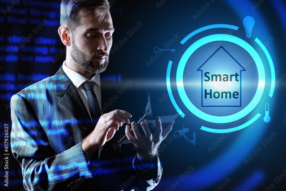 Poster remote home control system on a digital tablet. a man operates household appliances in his home from