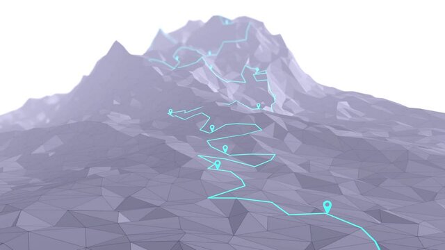 Flight over a winding hiking trail through the mountains with way points - 3d illustration