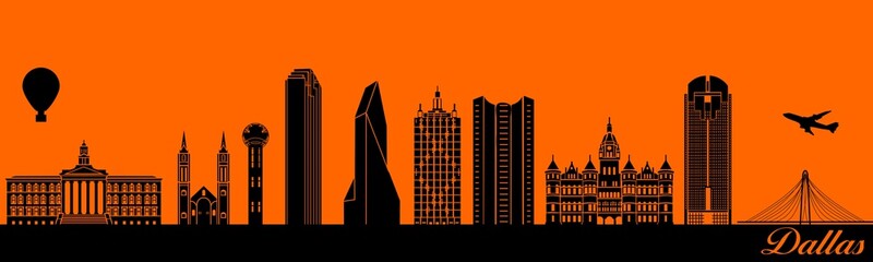 Vector city skyline silhouette - illustration, 
Town in orange background, 
Dallas Texas