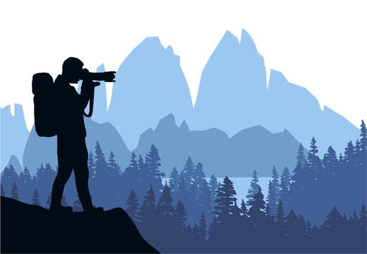 Man taking picture of landscape. Mountains and forest in the background. Silhouette of photographer with blue background. Illustration.
