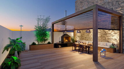 3D illustration of urban patio with wooden teak flooring at twilight.