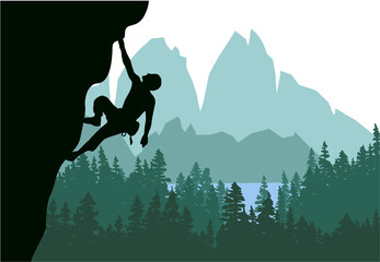 Man climbing rock overhang. Mountains and forest in the background. Silhouette of climber with green background. 