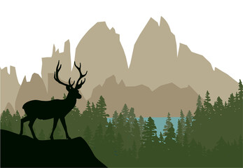 Deer with antlers posing on the top of the hill with mountains and the forest in background. Silhouette with green, blue and brown background, illustration.