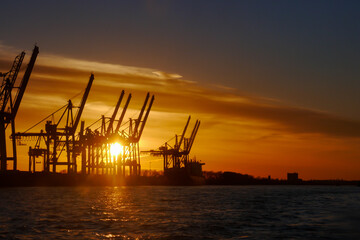 Hafenkräne im Hamburger Hafen bei Sonnenuntergang im Gegenlicht