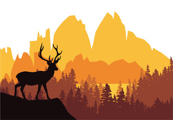 Deer with antlers posing on the top of the hill with mountains and the forest in background. Silhouette with orange and brown background, illustration.