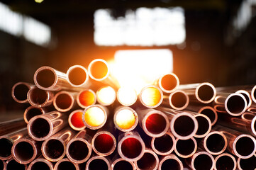 Many copper pipes, warehouse copper plates.