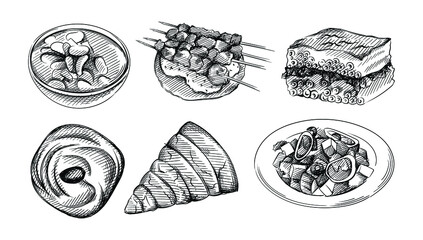 Hand drawn sketch set of Greek  cuisine. Greek Fasolata soup, Chicken Souvlaki, Greek Baklava, Taramosalata, Greek Salad, Spanakopita  - 417928056