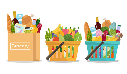 Grocery in a shopping basket and a paper bag. Vector illustration.