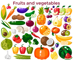 Set of fresh healthy vegetables, fruits and berries isolated. Slices of fruits and vegetables. Flat design. Organic farm illustration. Healthy lifestyle vector design elements.