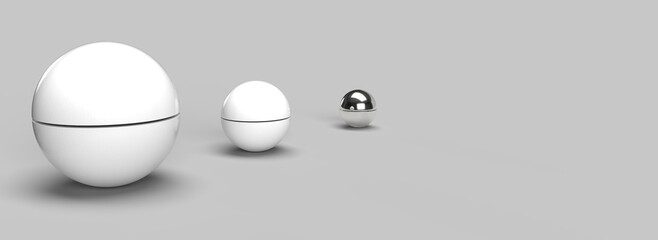 Three big spheres over a gray background in a minimalist interior. 3d render