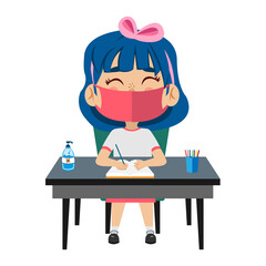 Girl studying wearing a face mask. Back to school - Vector illustration