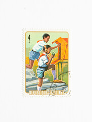 Guinea Republic Postage Stamp. circa 1974. Boy scouts use walkie-talkies