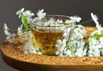 Cherry blossom tea in a glass cup with blooming floral branches nearby, healthy herbal drink is good for skin and heart, rich of antioxidants and essential acids, closeup, naturopathy concept