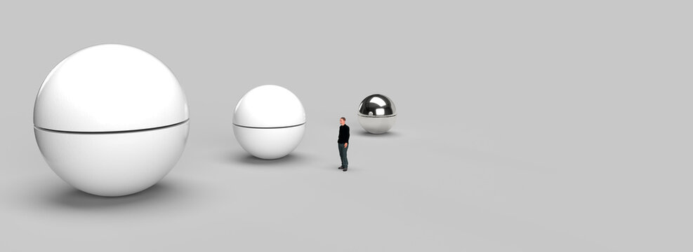 A lonely man in the middle of a big room with three giant spheres. 3d render