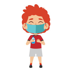 Boy with antibacterial gel and face mask - Vector