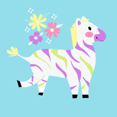 Vector bright zebra with multi-colored stripes on a blue background with flowers. Cute childish illustration with animal.