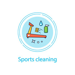 Sports cleaning concept line icon. Clean up sports equipment. Gym disinfection. Safety space and preventative measures. Cleaning service concept.Vector isolated conception metaphor illustration