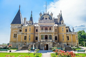 Facade of Massandra palace, near Yalta, Crimea. Building was founded in 1881 by Prince Vorontsov. Now it's popular tourist place