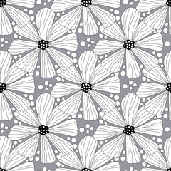 Outline flowers in black and white on gray background, doodles seamless monocrome floral abstract vector pattern.