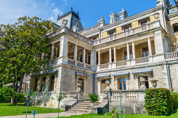 Building of Massandra palace with its columns, balconies & other baroque elements in style of Louis XIII. Founded in 1881 near Yalta, Crimea. Now it's popular tourist place