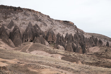 Cone shaped ancient cave dwellings in remote Turkey (feature in star wars)