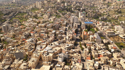 Aerial view over Bethlehem City, Palestinian Authority
Drone view over buildings and fields in the...