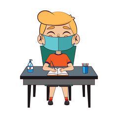 Boy studying wearing a face mask. Back to school - Vector illustration