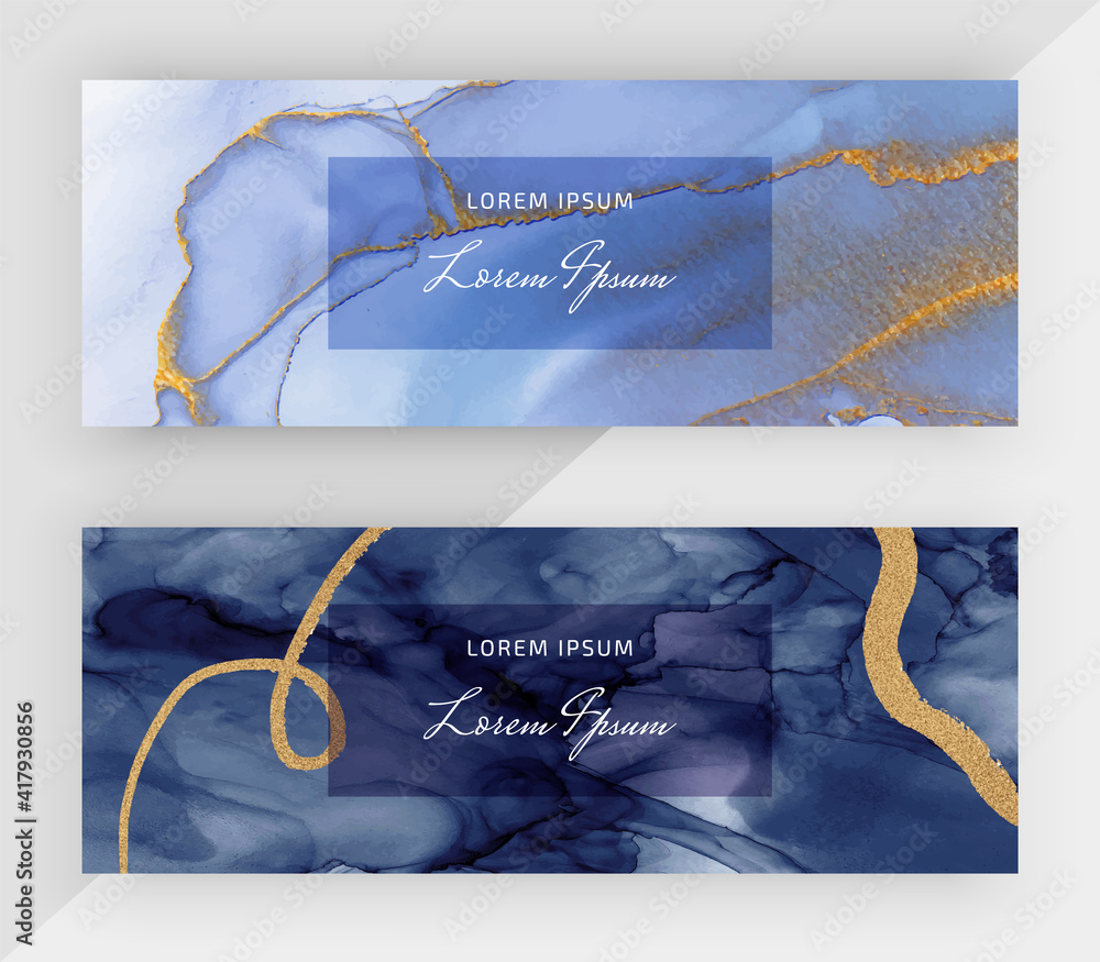 Wall mural blue alcohol ink with gold glitter texture horizontal banners