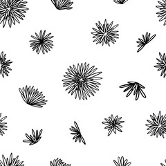Fototapeta na wymiar Floral hand drawn vector seamless pattern. Background with abstract chrysanthemums flowers. Black ornament in doodles style. Botanical design for print, card, textile, fabric, wallpaper, decor, wrap.