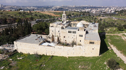 Mar elias monastery and Jerusalem in background, Aerial view
drone view over Greek Orthodox...