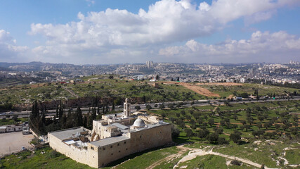 Mar elias monastery and Jerusalem in background, Aerial view
drone view over Greek Orthodox monastery in south Jerusalem
