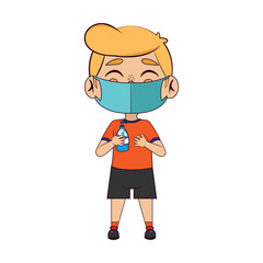 Boy with antibacterial gel and face mask - Vector