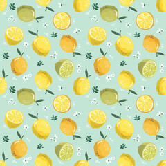 Summer seamless pattern with lemons and blossom. Sweet tropical background for textile, fabric, decorative paper. Raster