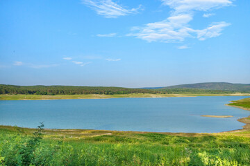 Fototapeta na wymiar Panorama of the Simferopol reservoir. This is one of the largest artificial reservoirs in Crimea