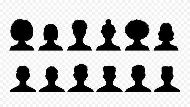 Male and female avatars silhouettes isolated set. Black outlines young people with trendy hairstyles of various ethnic groups for users social networks and web vector sites.