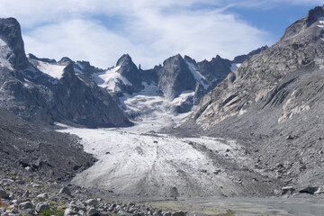 The peaks and glaciers of the Forno valley: a valley in the Engadine, near the village of Maloja, Switzerland - August 2020.