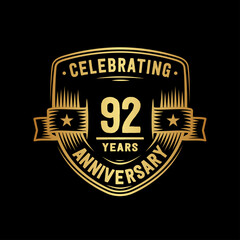 92 years anniversary celebration shield design template. Vector and illustration.