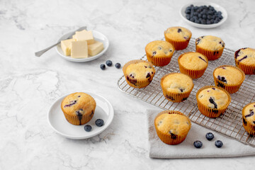 Obraz premium Homemade Blueberry Muffins on a Cooling Rack; One on a White Plate; One on a Gray Napking; Butter on Plate; Blueberries on Plate; Gray and White Marble Countertop