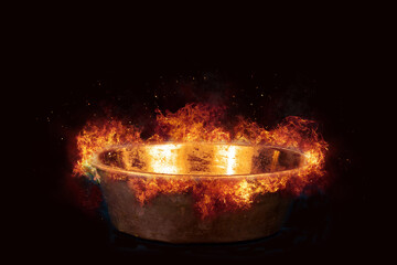 Large copper bowl filled with fire