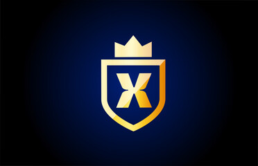 gold X alphabet letter logo icon. Design for business and company identity with shield and king crown