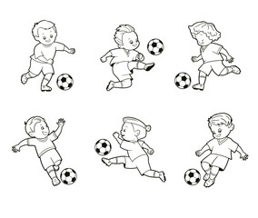 Coloring book; set of isolated images of boys soccer players in different poses playing a soccer ball. Vector illustration in cartoon style, black and white line art