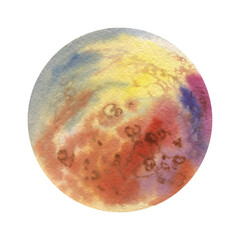 Planet Mars illustration. Mars watercolor drawing isolated on white background. abstract planet colored. bright watercolor background in a circle.