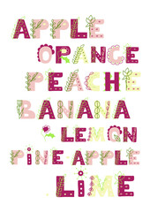 Citrus hand drawn set. Latin althabet. Floral boho style. Pink color palette.