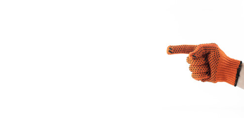 Work gloves. A gloved hand of workers points a finger. On a white background.