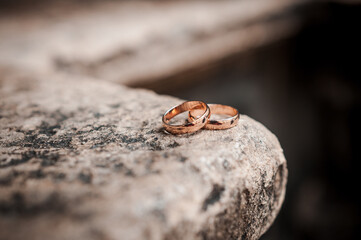 Wedding gold rings on brown background
