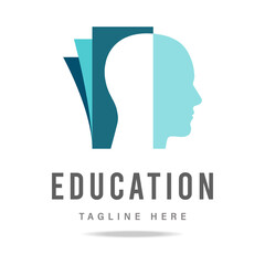 Abstract human profile silhouette head logo blue color on book background.Design template icon for business company.Identity sign education, school, science,improvement,innovation.Vector illustration.