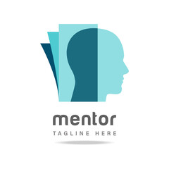 Abstract human profile silhouette head logo blue color on book background.Design template icon for business company.Identity sign education, school, science,improvement,innovation.Vector illustration.