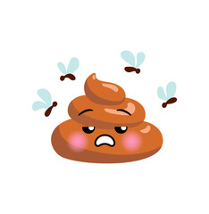 Shit or turd emoji vector icon with tired face and flies, isolated illustration in flat cartoon and kawaii style
